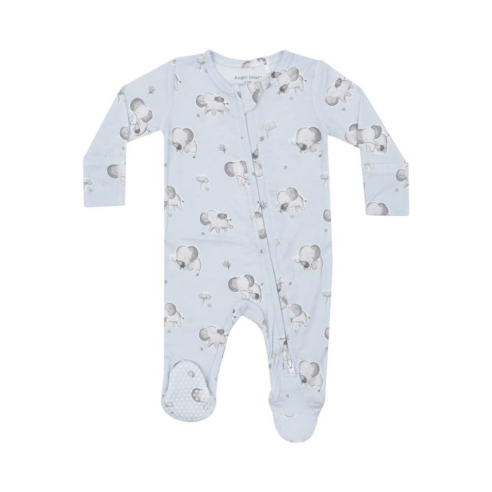 Angel Dear 2-Way Zipper Footie - Grey Elephants on Blue