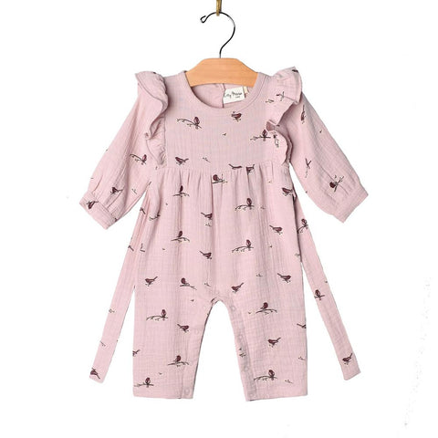 City Mouse Flutter Sleeve Long Romper - Lavender Birds