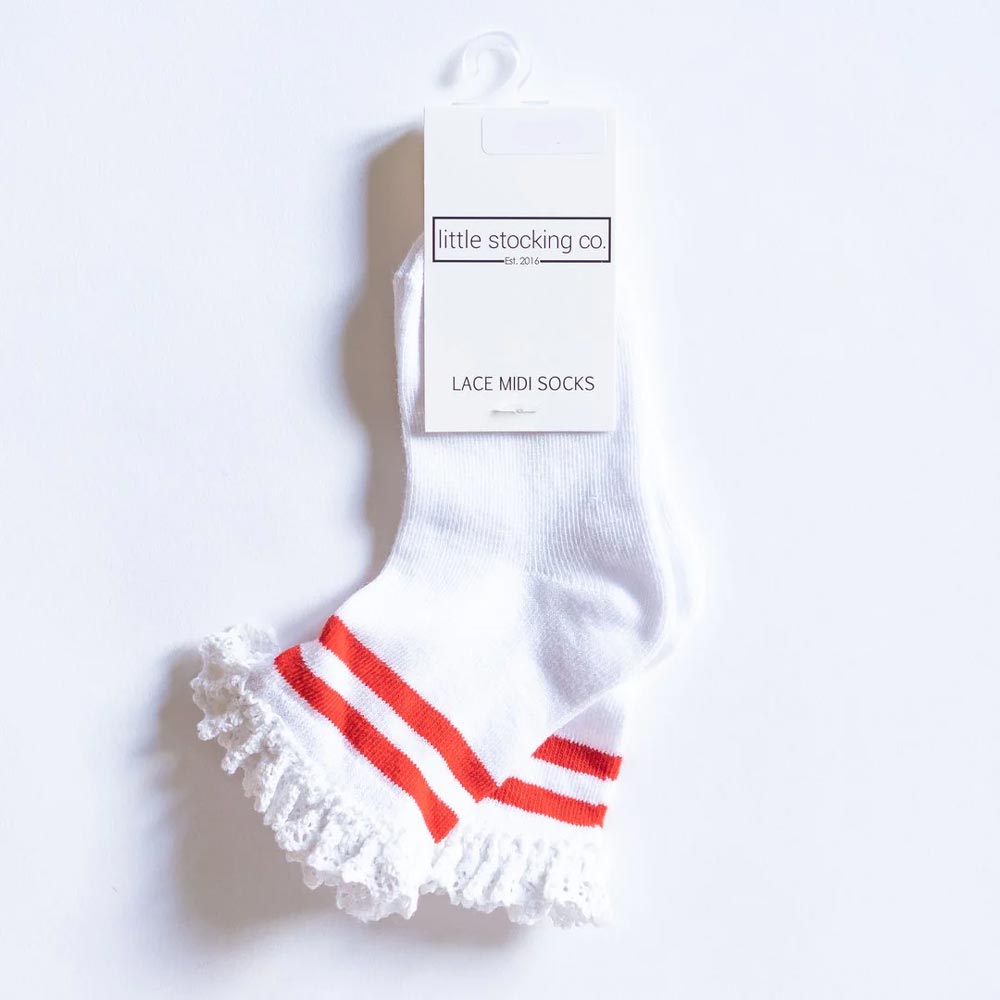 Little Stocking Co. Lace Top Midi Socks - Red Stripe *CLEARANCE*