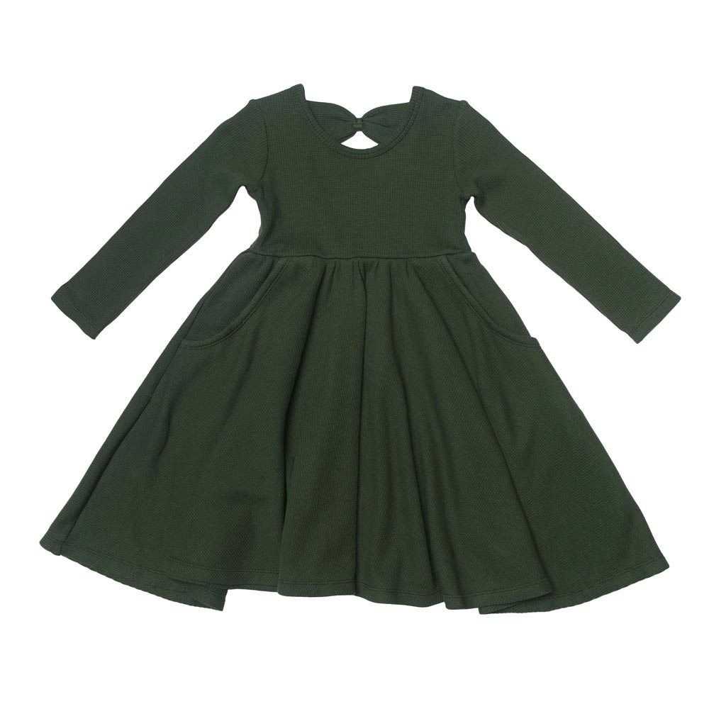 Loulou Lollipop Waffle Long Sleeve Skater Dress - Spruce Green