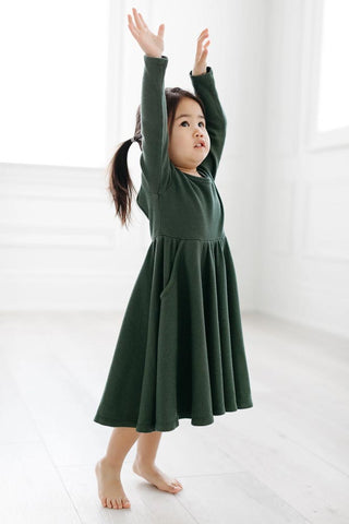 Loulou Lollipop Waffle Long Sleeve Skater Dress - Spruce Green