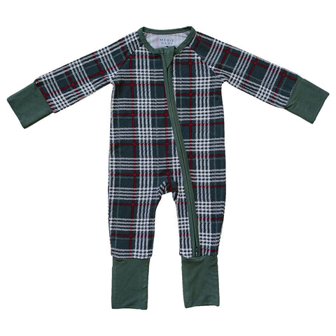 Mebie Baby Bamboo Zipper Coverall - Green Plaid