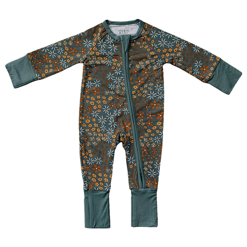 Mebie Baby Bamboo Zipper Coverall - Navy Blue Floral (Size Newborn)