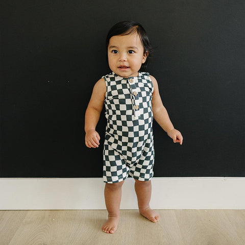 Mebie Baby Short Romper - Charcoal Wavy Checkered