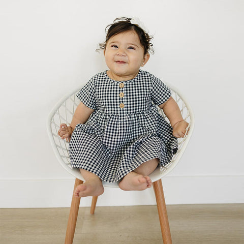 Mebie Baby Navy Gingham Linen Cotton Dress