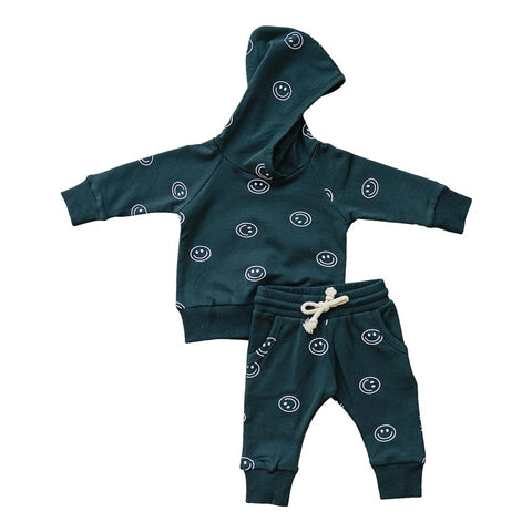 Mebie Baby French Terry Hooded Set - Dark Teal Smiley