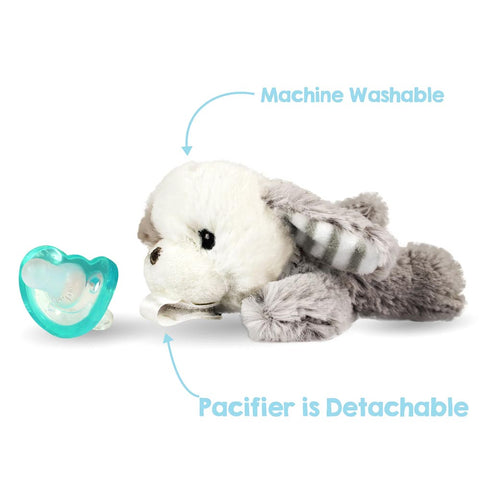 RazBuddy is machine washable. Pacifier is detachable. Available at Lagoon Baby + Toy Shoppe