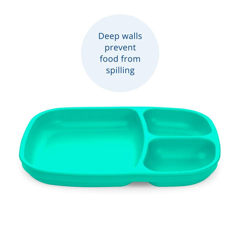 Deep walls prevent food from spilling from the Re-Play Large Divided Tray - Lagoon Baby + Toy Shoppe