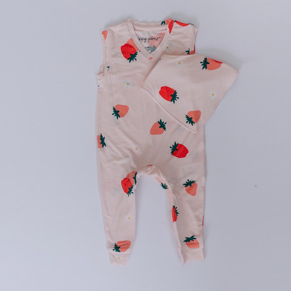 ZippyJamz Romper with Bib - Strawberry Social