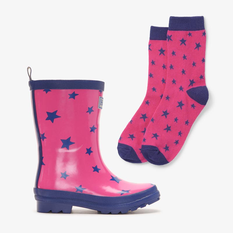 Hatley Shiny Rainboots with Matching Socks - Glitter Stars