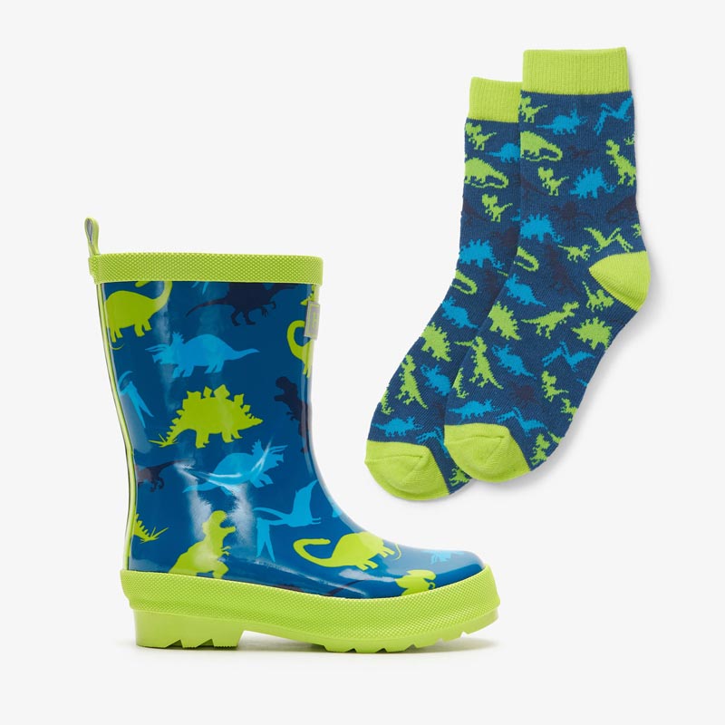 Hatley Shiny Rainboots with Matching Socks - Real Dinosaurs (Size 8)